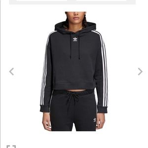 Black Adidas crop hoodie with white stripes